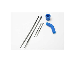 Traxxas 5245 - Pipe coupler, molded (blue)/ exhaust deflecter (rubber, blue)/ cable ties, long (2)/ cable ties, short (2)