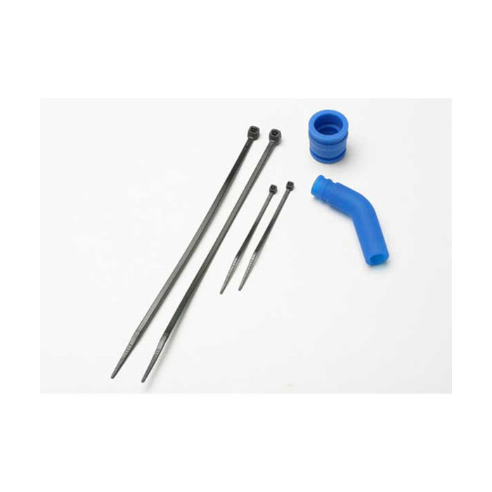 Traxxas 5245 - Pipe coupler, molded (blue)/ exhaust deflecter (rubber, blue)/ cable ties, long (2)/ cable ties, short (2)