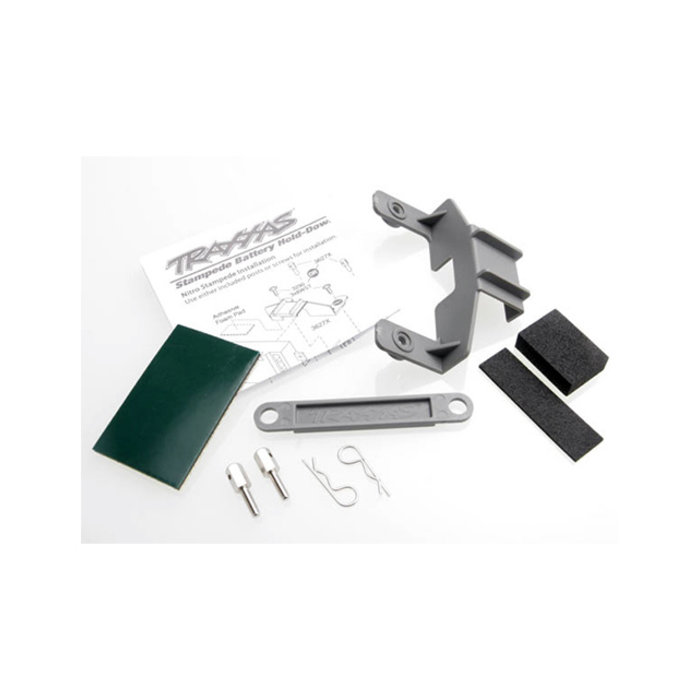 Traxxas 3627X - Battery hold-down (gray) (1) / receiver hold-down (grey) (1) / metal posts (2)/ spacers (2)/ body clips (2)/ servo tape/ adhesive foam pad