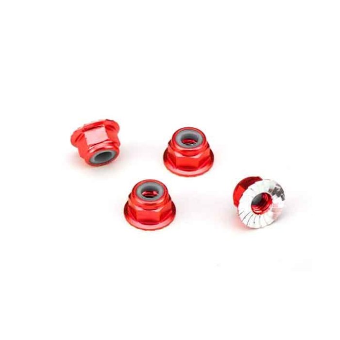 Traxxas 1747A - Nuts, aluminum, flanged, serrated (4mm) (red-anodized) (4)