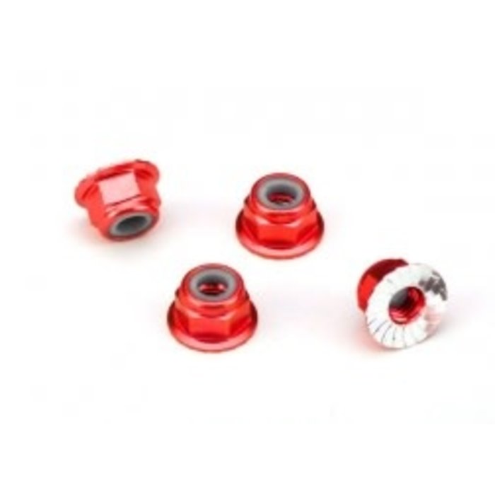 Traxxas 1747A - Nuts, aluminum, flanged, serrated (4mm) (red-anodized) (4)