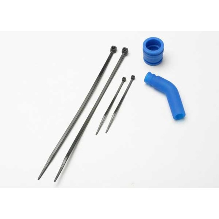 Traxxas 5245 - Pipe coupler, molded (blue)/ exhaust deflecter (rubber, blue)/ cable ties, long (2)/ cable ties, short (2)