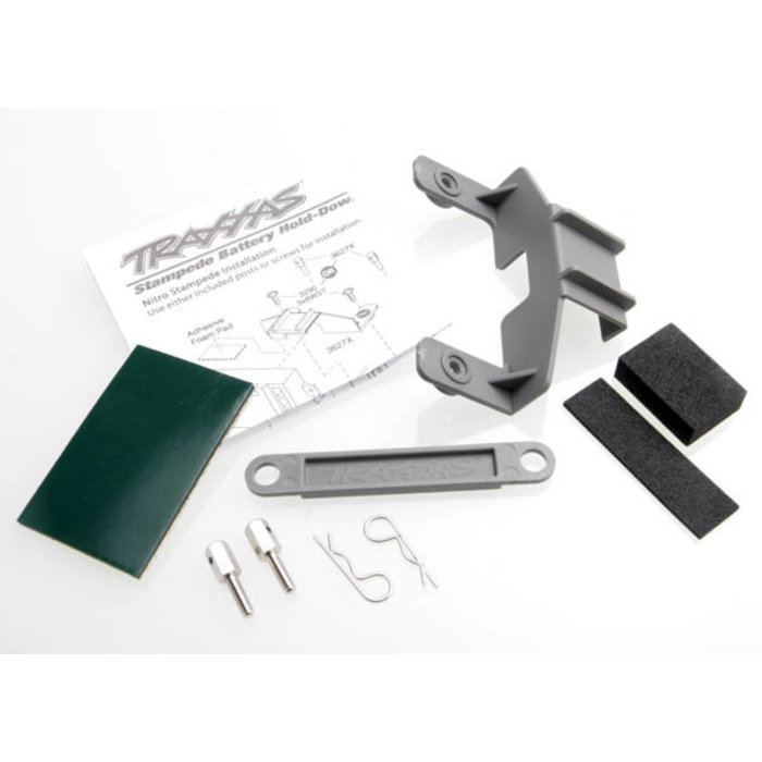 Traxxas 3627X - Battery hold-down (gray) (1) / receiver hold-down (grey) (1) / metal posts (2)/ spacers (2)/ body clips (2)/ servo tape/ adhesive foam pad