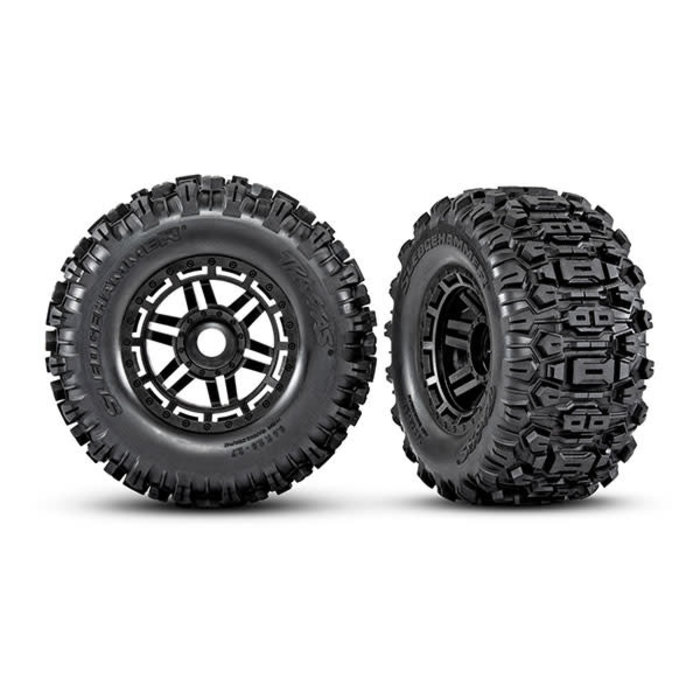 Traxxas 8973 - Tires & wheels, assembled, glued (black wheels, dual profile (2.8' outer, 3.6' inner), Sledgehammer® tires, foam inserts) (2) (17mm splined) (TSM® rated)