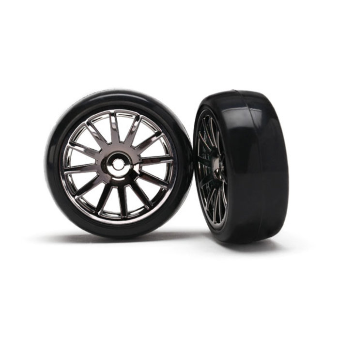 Traxxas 7573A - Tires & Wheels, Assembled, Glued (12-spoke black chrome wheels, slick tires) (2)