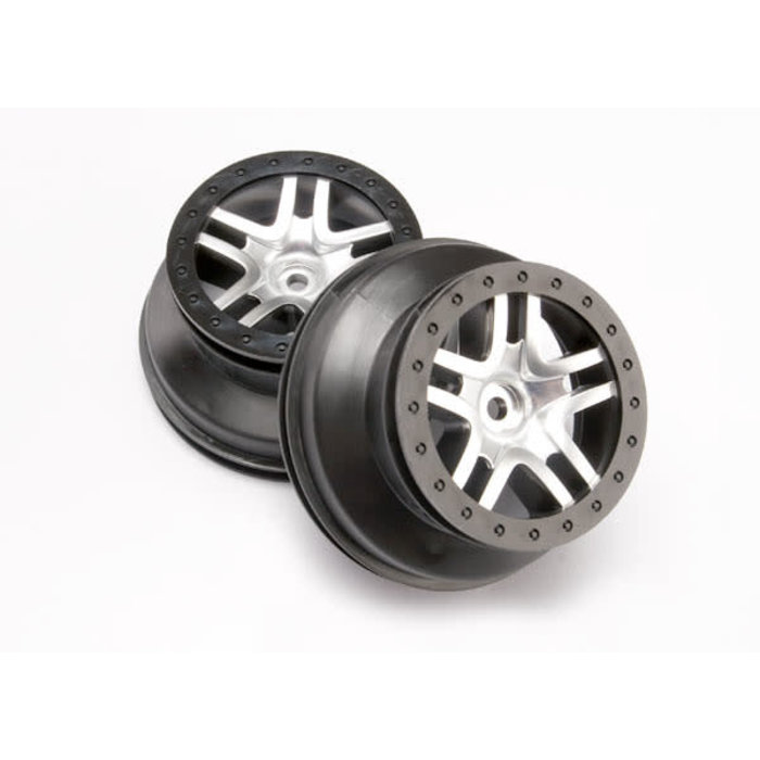 Traxxas 6872 - Wheels, SCT Split-Spoke, satin chrome, black beadlock style, dual profile (2.2' outer, 3.0' inner) (4WD front/rear, 2WD rear only) (2)