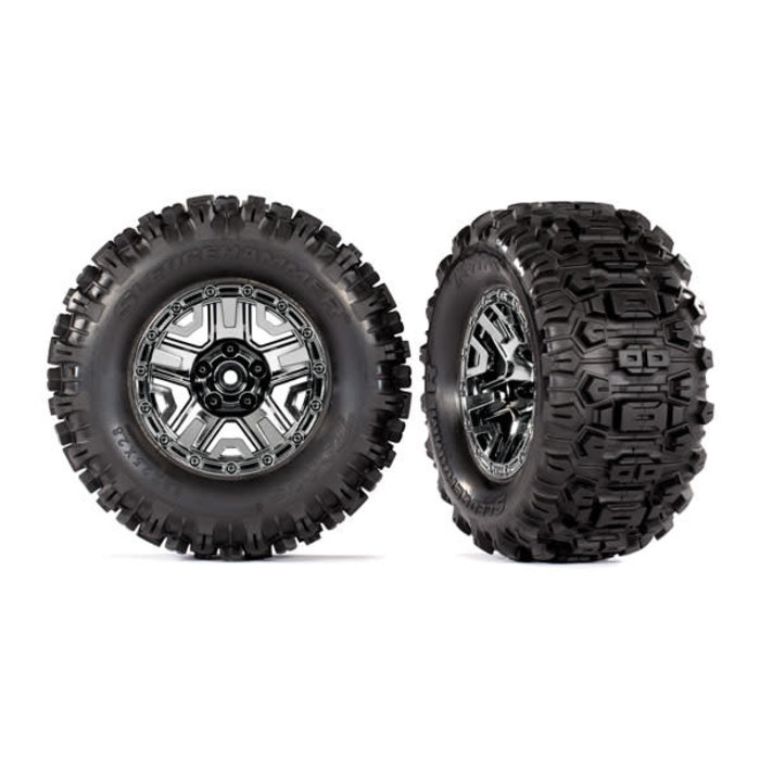 Traxxas 9072 - Tires & wheels, assembled, glued (black chrome 2.8" wheels, Sledgehammer® tires, foam inserts) (2) (TSM® rated)
