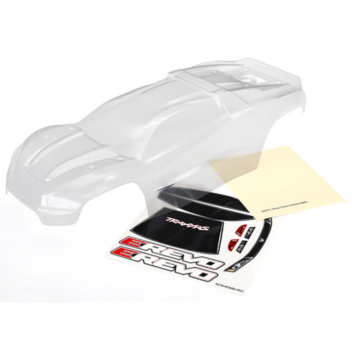 Traxxas 8611 - Body, E-Revo (clear, requires painting)/window, grille, lights decal sheet
