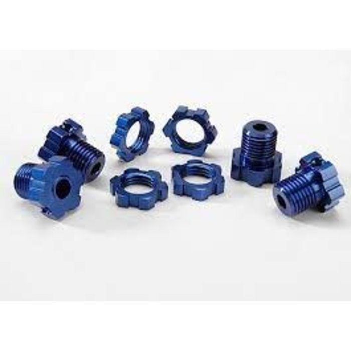 Traxxas 5353X - Wheel hubs, splined, 17mm (blue-anodized) (4)/ wheel nuts, splined, 17mm (blue-anodized) (4)/ screw pins, 4x13mm (with threadlock) (4)