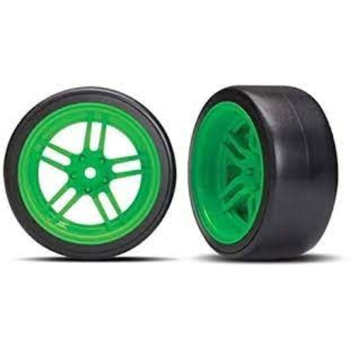 Traxxas 8377G - Tires & Wheels, Assembled, Glued (split-spoke green wheels, 1.9' Drift tires) (rear)