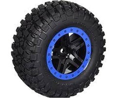 Traxxas 5883A - Tire & wheel assy, glued (SCT Split-Spoke, black, blue beadlock wheels, BFGoodrich® Mud-Terrain™ T/A® KM2 tire, inserts) (2) (4WD f/r, 2WD rear)