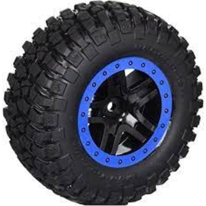 Traxxas 5883A - Tire & wheel assy, glued (SCT Split-Spoke, black, blue beadlock wheels, BFGoodrich® Mud-Terrain™ T/A® KM2 tire, inserts) (2) (4WD f/r, 2WD rear)
