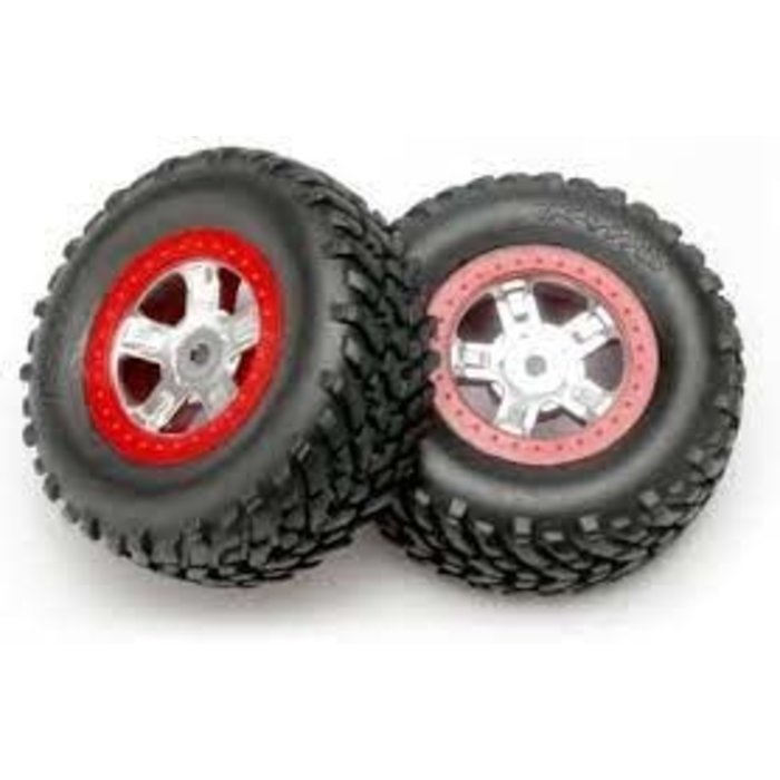 Traxxas 7073A - Tires and wheels, assembled, glued (SCT satin chrome wheels, red beadlock style, SCT off-road racing tires, foam inserts) (1 each, right & left),  Fits 12 mm hex