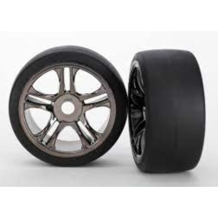 Traxxas 6477 - Tires & wheels, assembled, glued (split-spoke, black chrome wheels, slick tires (S1 compound), foam inserts) (rear) (2)