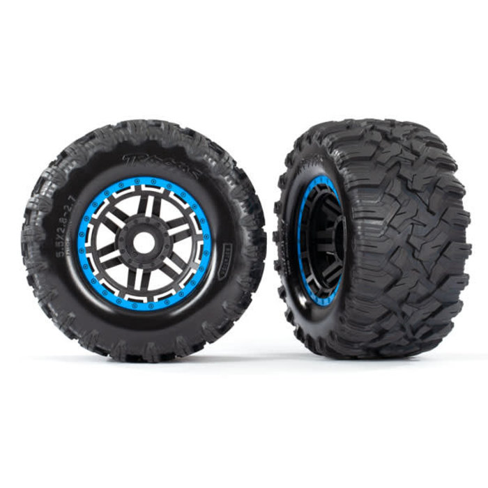 Traxxas 8972A - Tires & wheels, assembled, glued (black, blue beadlock style wheels, Maxx® MT tires, foam inserts) (2) (17mm splined) (TSM® rated)