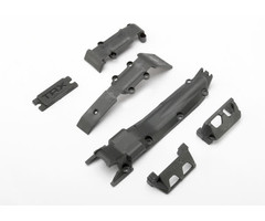 Traxxas Skidplate set, front (1)/ rear (1)/ transmission (1) (black)/ Guards, steering servo (2) / cover plate, steering servo (1)