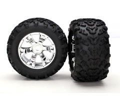 Traxxas 5674 - Tires & wheels, assembled, glued (Geode chrome wheels, Maxx® tires (6.3' outer diameter), foam inserts) (2) (use with 17mm splined wheel hubs & nuts, part #5353X  & beadlock-style sidewall protectors, part #5665, 5666, 5667)