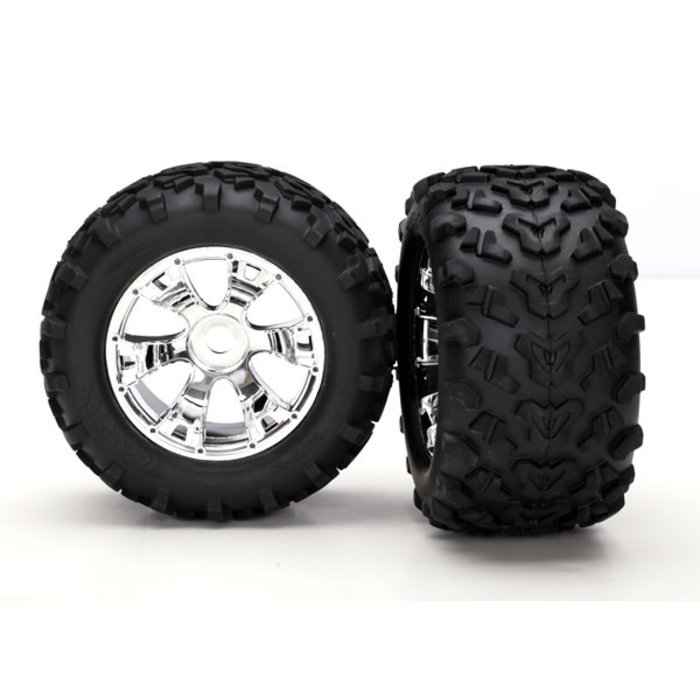 Traxxas 5674 - Tires & wheels, assembled, glued (Geode chrome wheels, Maxx® tires (6.3' outer diameter), foam inserts) (2) (use with 17mm splined wheel hubs & nuts, part #5353X  & beadlock-style sidewall protectors, part #5665, 5666, 5667)