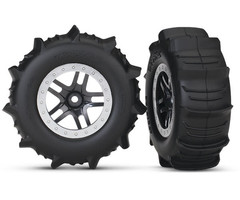 Traxxas 5891 - Black & Satin Chrome Wheels with Paddle Tires (2) Fits 12mm hex, 4WD front or rear, 2WD rear only.