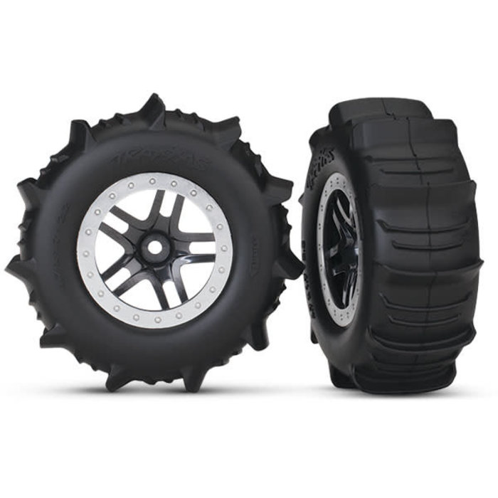 Traxxas 5891 - Tires & wheels, assembled, glued (SCT Split-Spoke black, satin chrome beadlock style wheels, paddle tires, foam inserts) (2) (4WD f/r, 2WD rear) (TSM® rated)