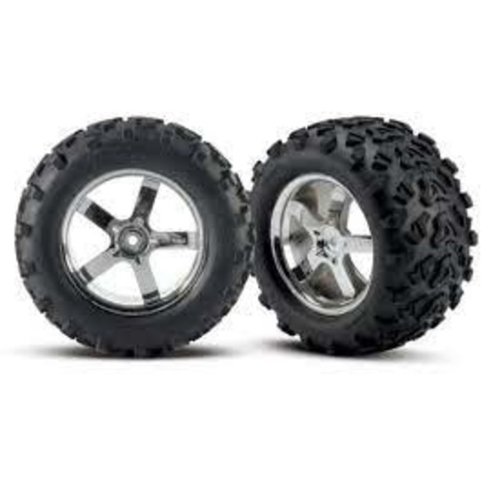 Traxxas 4973R - Tires & wheels, assembled, glued (Hurricane chrome wheels, Maxx® tires (6.3' outer diameter), foam inserts) (2) (fits Revo®/T-Maxx®/E-Maxx with 6mm axle and 14mm hex)