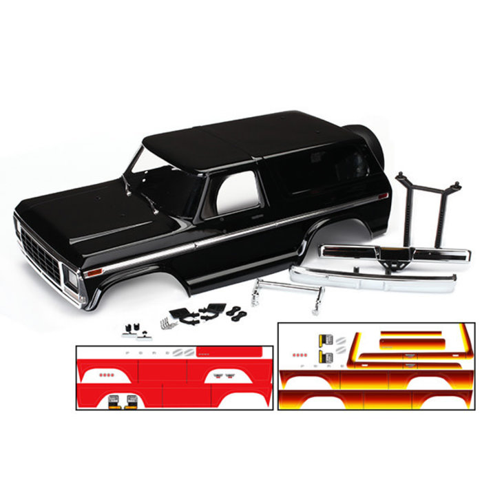 Traxxas 8010X - Body, Ford Bronco, Complete (Black) (includes front and rear bumpers, push bar, rear body mount, grille, side mirrors, door handles, windshield wipers, spare tire mount, red and sunset decals) (requires #8072 inner fenders)