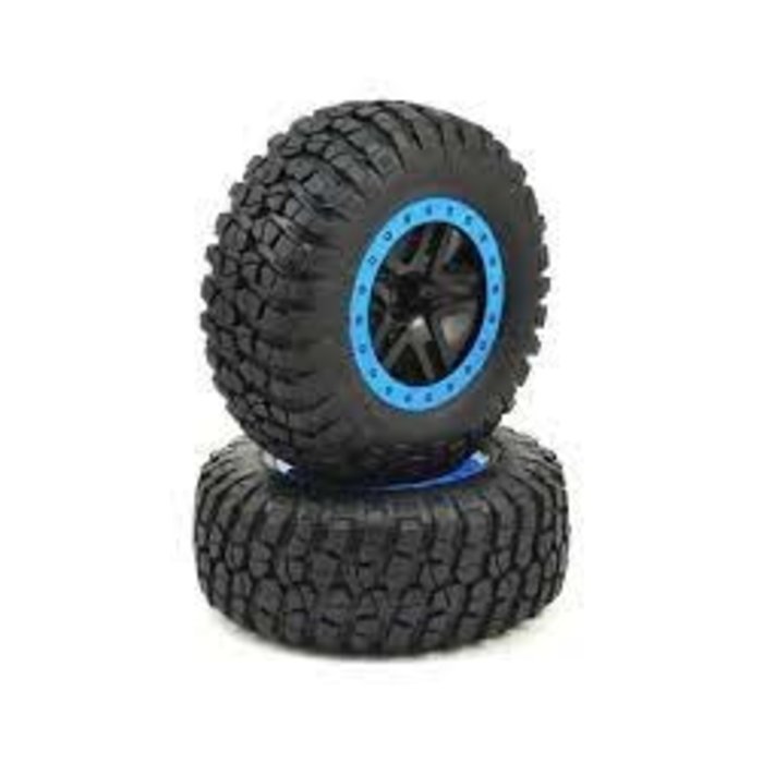 Traxxas 5885A - Tire & wheel assy, glued (SCT Split-Spoke, black, blue beadlock wheels, BFGoodrich® Mud-Terrain™ T/A® KM2 tires, inserts) (2) (2WD Front)