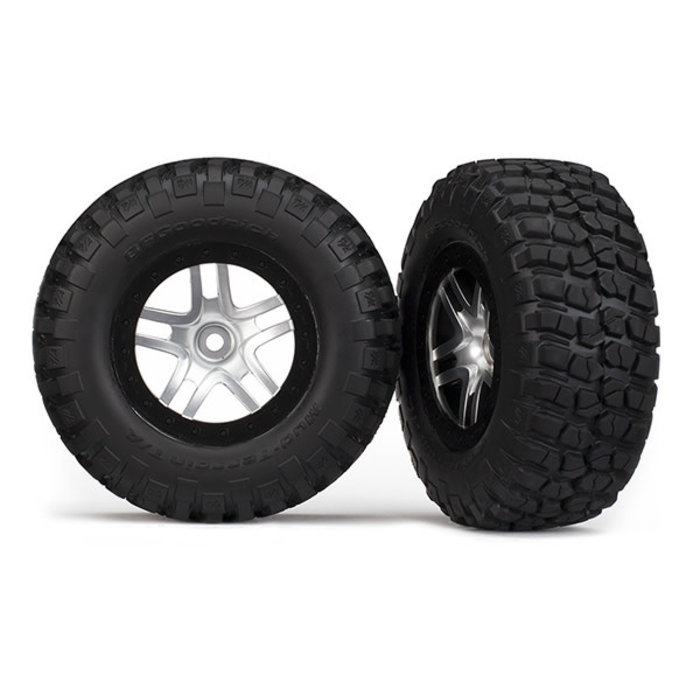 Traxxas 6873 - Tires & wheels, assembled, glued (SCT Split-Spoke satin chrome, black beadlock style wheels, BFGoodrich® Mud-Terrain™ T/A® KM2 tires, foam inserts) (2) (4WD f/r, 2WD rear) (TSM® rated)