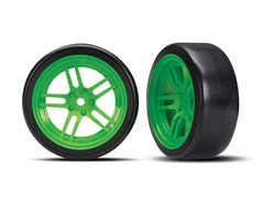 Traxxas 8376G - Tires and wheels, assembled, glued (split-spoke green wheels, 1.9' Drift tires) (front)