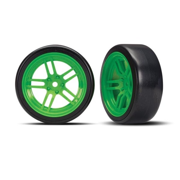 Traxxas 8376G - Tires and wheels, assembled, glued (split-spoke green wheels, 1.9' Drift tires) (front)