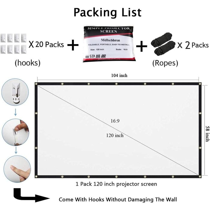 120"PROJ-SCREEN - Mdbebbron 120 inch Projection Screen 16:9 Foldable Anti-Crease Portable Projector Movies Screens for Home Theater Outdoor Indoor Support Double Sided Projection