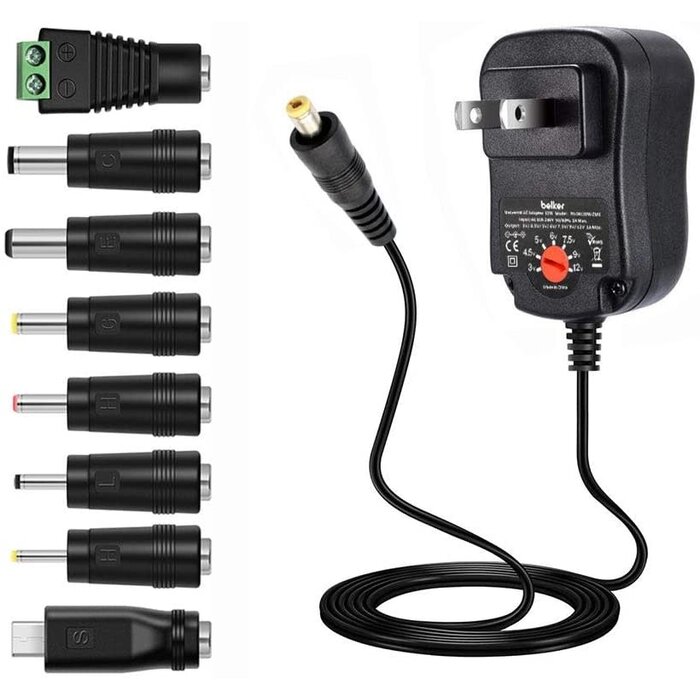 12W-3-12V-1AMP - Belker 12W 3V 4.5V 5V 6V 7.5V 9V 12V Adjustable Voltage Universal AC/DC Adapter Power Supply for Household Electronics - 1A Max. [BN]