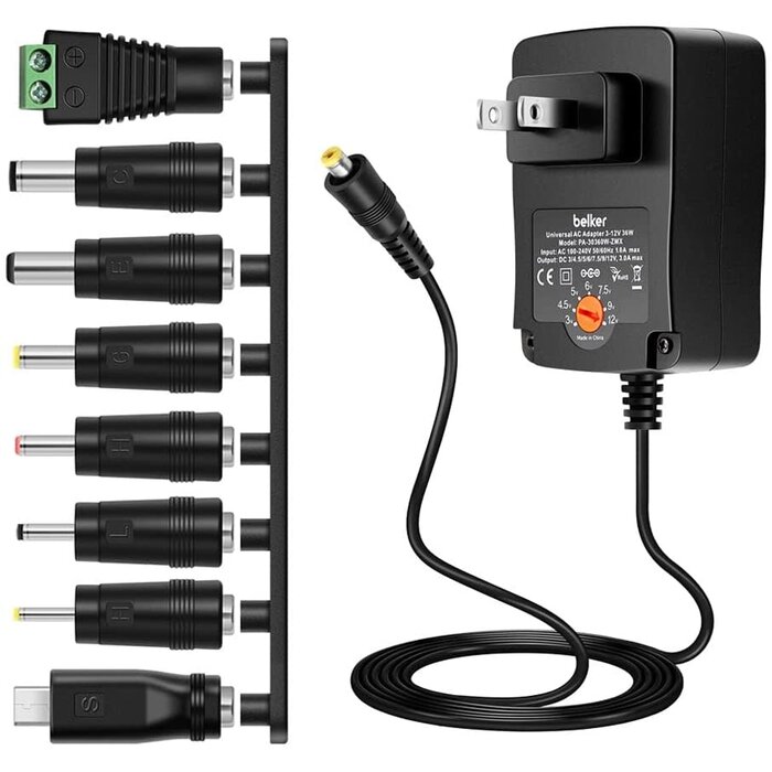 36W-3-12V-3AMP - Belker 3V 4.5V 5V 6V 7.5V 9V 12V 3A 2A 1A 36W Universal AC Adapter with 9 Tips incl USB C Multi Voltage DC Power Supply Charger for Routers LED Strip Lights Security Camera, 5 ft Cord