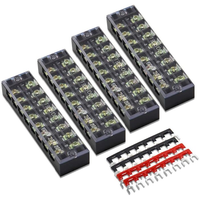 MILAPEAK - 8 Positions Dual Row 600V 25A Screw Terminal Strip Blocks with Cover + 400V 25A 8 Positions Pre-Insulated Terminals Barrier Strip