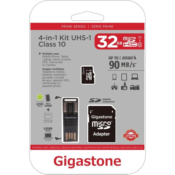 GIGS4IN132GBR - Gigastone GS-4IN1600X32GB-R Prime Series microSD Card 4-in-1 Kit (32GB), Multicolored