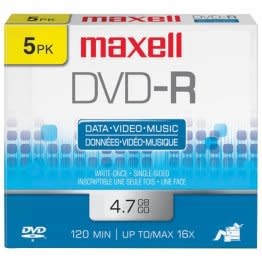 MAXELL MXLDVDR5PK - Maxell 4.7GB 120-Minute DVD-Rs Data, Music, Video (5 pk)