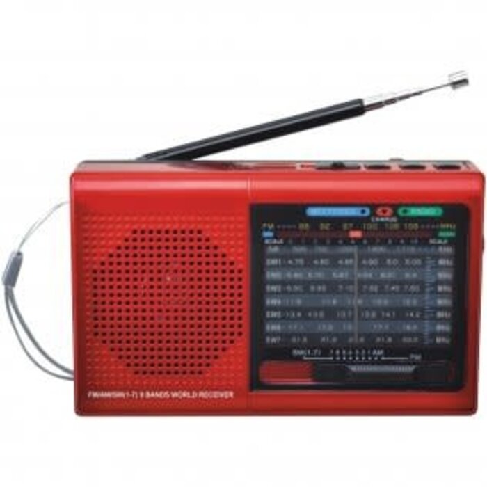 SSC1080BTRED - Supersonic® 9-Band (AM/FM/SW 1-7) Rechargeable Radio with Bluetooth® and USB/microSD™ Card Input, SC-1080BT (Red)