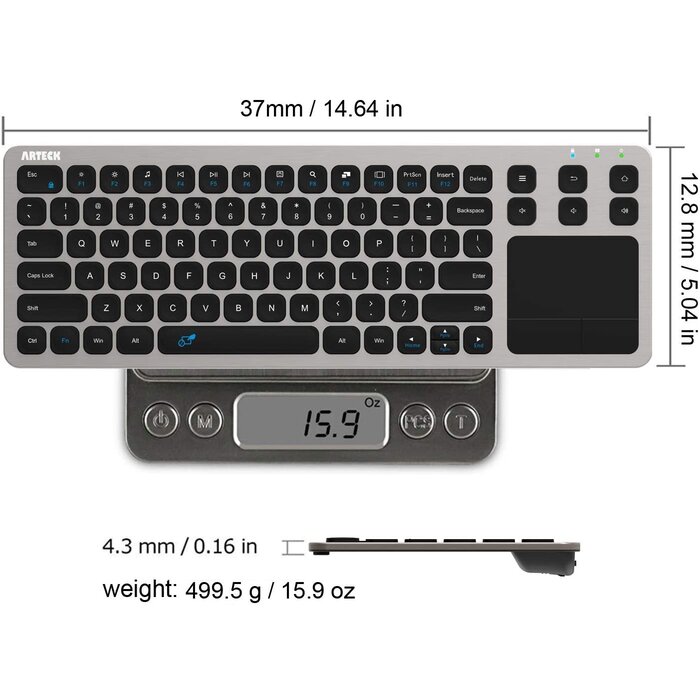 ARTECK-KEYBOARD - Arteck - Wireless Keyboard, 2.4G Wireless Touch TV Keyboard with Easy Media Control and Built-In Touchpad Mouse Solid Stainless Ultra Compact Full Size Keyboard for TV-Connected Computer, Smart TV, HTPC