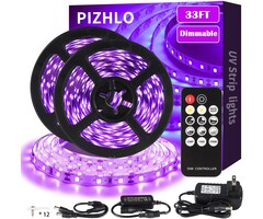 33FT-BLACKLIGHT - PIZHLO - 33ft/10M LED Black Light Strip Set with Remote, 600 LEDs, 12V Self-Adhesive Dimmable Black Light Fixture, for Dance Parties, Interior Decoration, Stage Lighting, Non-Waterproof