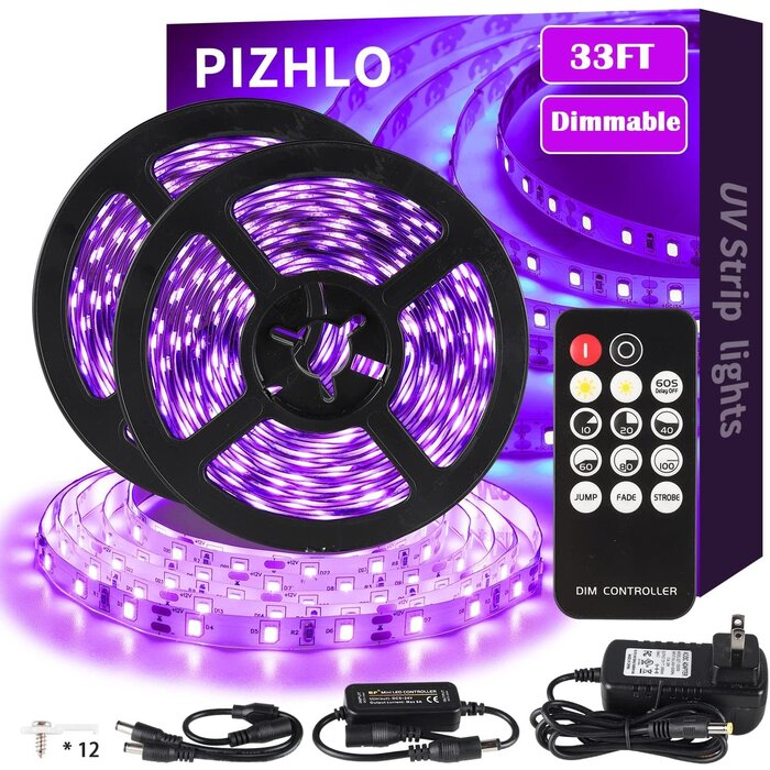 33FT-BLACKLIGHT - PIZHLO - 33ft/10M LED Black Light Strip Set with Remote, 600 LEDs, 12V Self-Adhesive Dimmable Black Light Fixture, for Dance Parties, Interior Decoration, Stage Lighting, Non-Waterproof