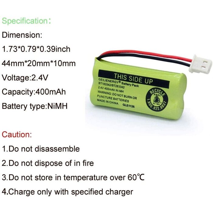 GLE1128 - Geilienergy Rechargeable Battery 2 AAA 2.4V 400mAh BT183342 BT283342 BT166342 BT266342 BT162342 BT262342 Battery Compatible with Vtech CS6114 CS6419 CS6719 with AT&T EL52300 CL80112 CS6719-2 Cordless Handsets