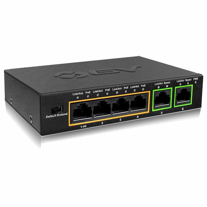POE-SW502 - BV-Tech 6 Port PoE+ Switch (4 PoE+ Ports with 2 Ethernet Uplink and Extend Function) – 60W – 802.3at + 1 High Power PoE Port| Desktop Fanless Design | Sturdy Metal Housing