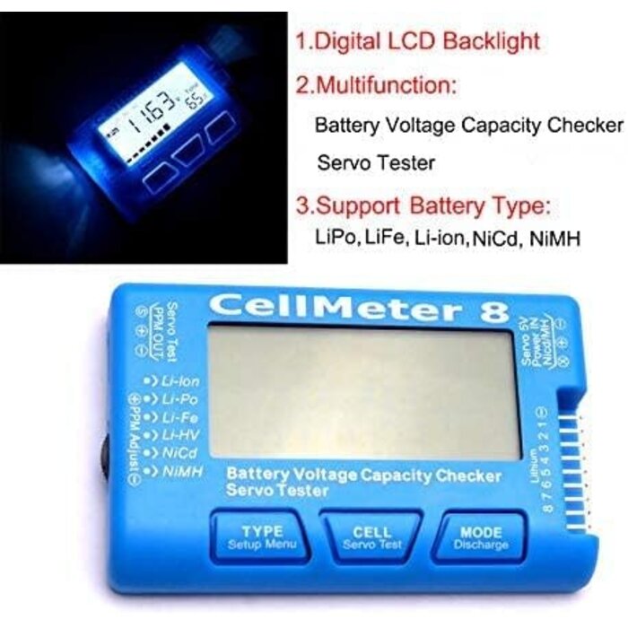 LSDX1 - FPVDrone - RC CellMeter 8 Digital Battery Capacity Checker Battery Voltage Tester LCD Backlight for LiPo Life Li-ion NiMH Nicd
