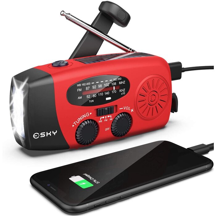 ES-CR01 - Esky - Hand Crank Radio with Flashlight for Emergency, Portable Solar Radios, Self Powered AM/FM NOAA Weather Radio with 1000mAh Power Bank Cell Phone Charger, USB Rechargeable, Great Emergency Supplies