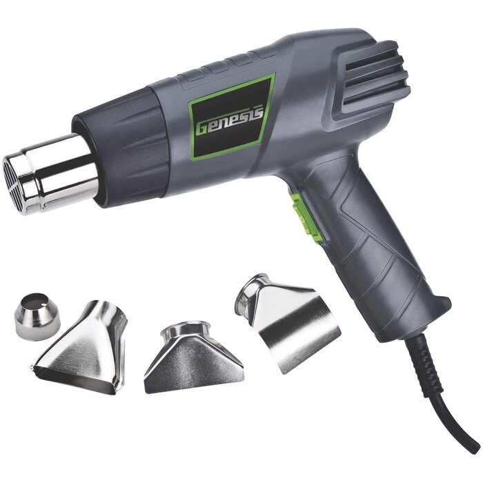 GHG1500A - Genesis 12.5 Amp Dual-Temperature Heat Gun Kit with High and Low Settings, Air Reduction Nozzle, Reflector Nozzle, and Two Deflector Nozzles