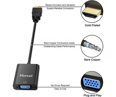 HDMI2VGA - Moread HDMI to VGA , Moread Gold-Plated HDMI to VGA Adapter (Male to Female) for Computer, Desktop, Laptop, PC, Monitor, Projector, HDTV, Chromebook, Raspberry Pi, Roku, Xbox and More