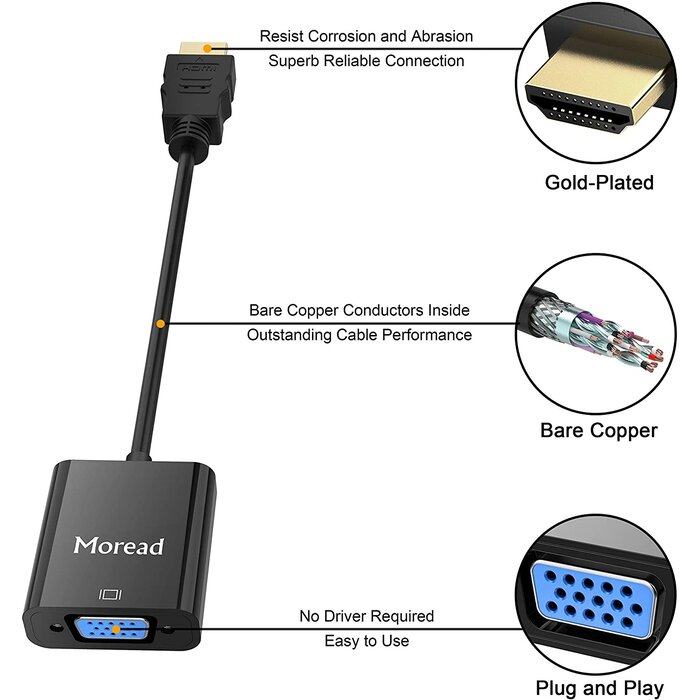 HDMI2VGA - Moread HDMI to VGA , Moread Gold-Plated HDMI to VGA Adapter (Male to Female) for Computer, Desktop, Laptop, PC, Monitor, Projector, HDTV, Chromebook, Raspberry Pi, Roku, Xbox and More