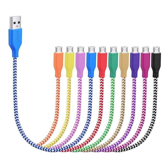 MICRO-USB-1FT - OKRAY - 1 Foot Micro USB Cable  Short Colorful Nylon Braided Micro USB 2.0 Fast Charge & Sync Android Charger Cable Cord Compatible Samsung Galaxy J3/J7, S7/S6 Edge/Note 5 4, LG G3/K20, Power Bank