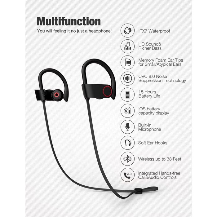 OTIUM - Otium - Bluetooth Headphones, Wireless Earbuds IPX7 Waterproof Sports Earphones 10H Playtime with Mic HD Stereo Sound Sweatproof in-Ear Earbuds Noise Cancelling Headsets Gym Running Workout