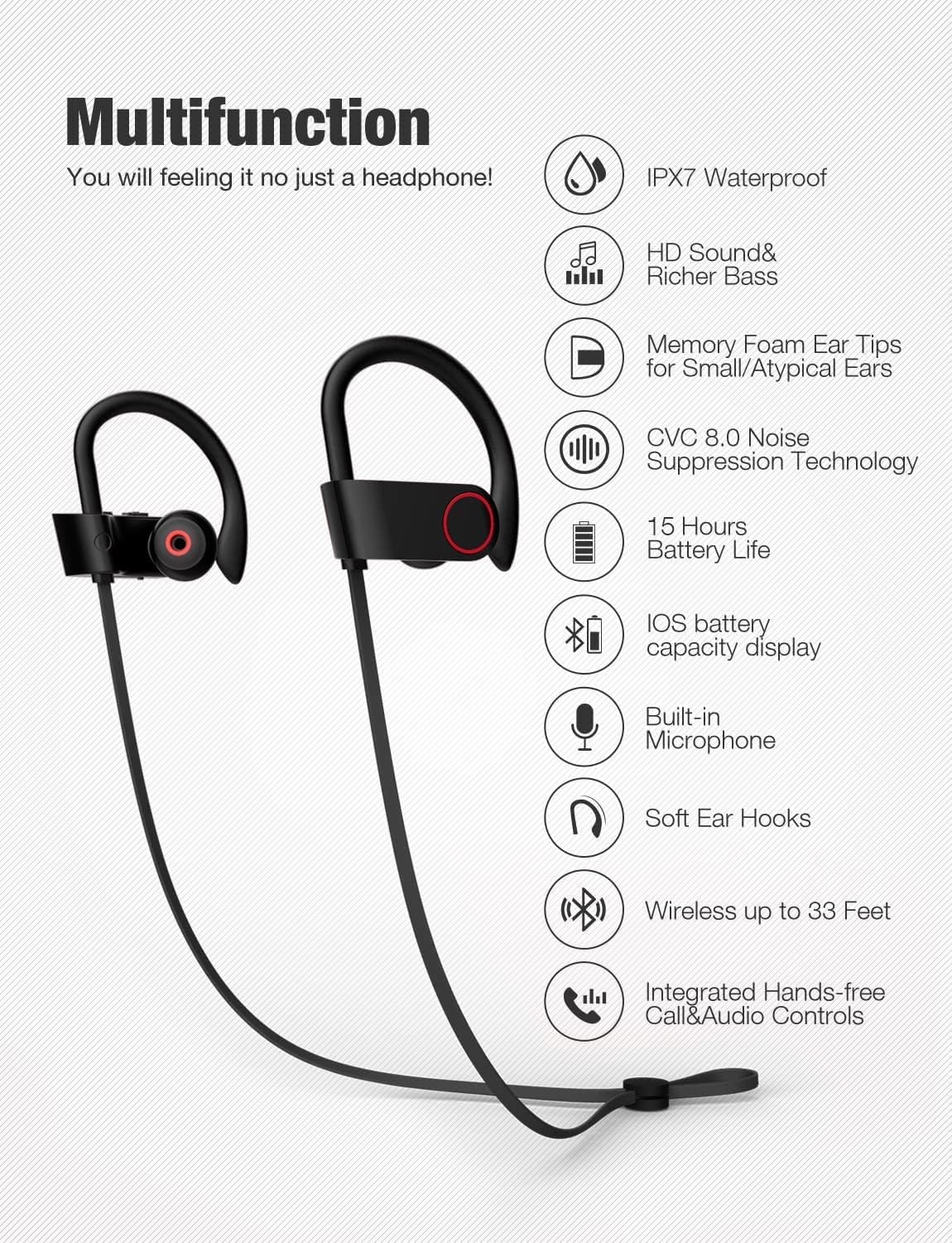 OTIUM Otium Bluetooth Headphones Wireless Earbuds IPX7 Waterproof Sports Earphones 10H Playtime with Mic HD Stereo Sound Sweatproof in Ear Earbuds Noise Cancelling Headsets Gym Running Workout RadioSh...